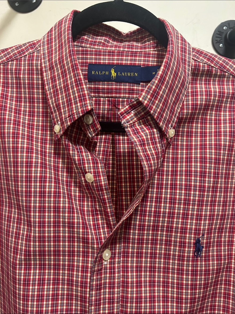 Ralph Lauren Red Plaid Button-Down Shirt with Navy Logo